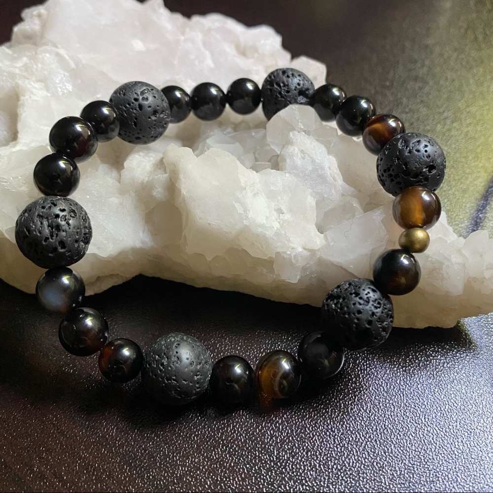 Hand Crafted Bracelet Black Agate & Lava Stretch Unisex Authentic Real Stones - Picture 5 of 7